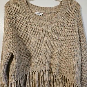 Storia Women's Speckled Beige V-Neck Sweater with Fringe